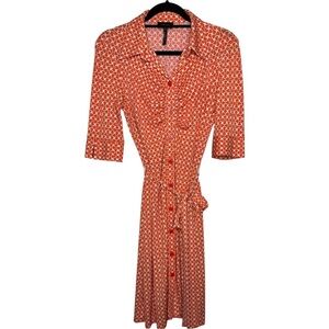 LAUNDRY by SHELLI SEGAL Orange & White Button Down Midi Shirt Dress with Belt